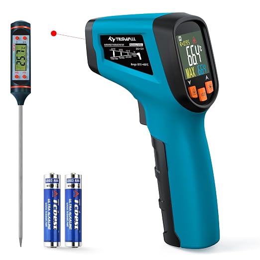 Tilswall Infrared Thermometer, Laser Temperature Gun, -50°C~600°C (-58F~1112F)with Adjustable Emissivity, for Cooking/Pizza Oven/BBQ/Vehicle Repair, Meat Thermometer included, Not for Human(blue),W301