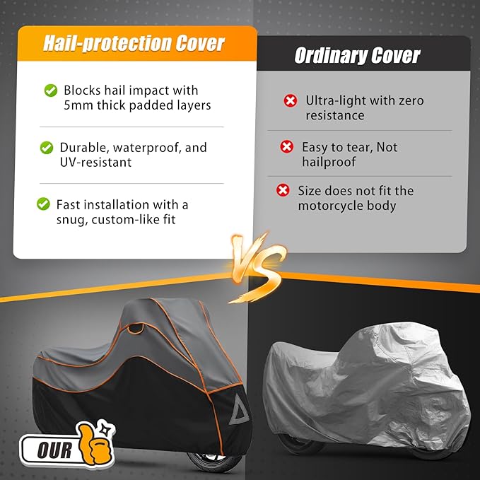 Specialized Hail Protector Motorcycle Cover, Multi-Layered Motorcycle Hail Blankets Protector Cover with 5mm Thick High Density EVA Cushioning Foam Pad and Reflective Stripes, 110L x 43W x 57H in