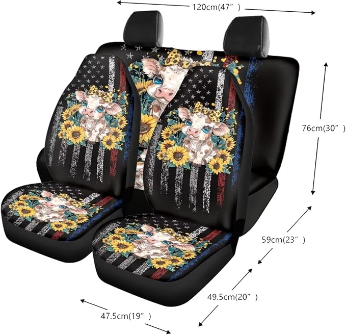 Cow Sunflower American Flag Print Car Accessories Pack of 13, Car Front and Rear Seat Covers Set of 4, 1 Steering Wheel Cover, 4 Wear Resisting Safe Belt Pad, 4 Cup Coasters for Women Men