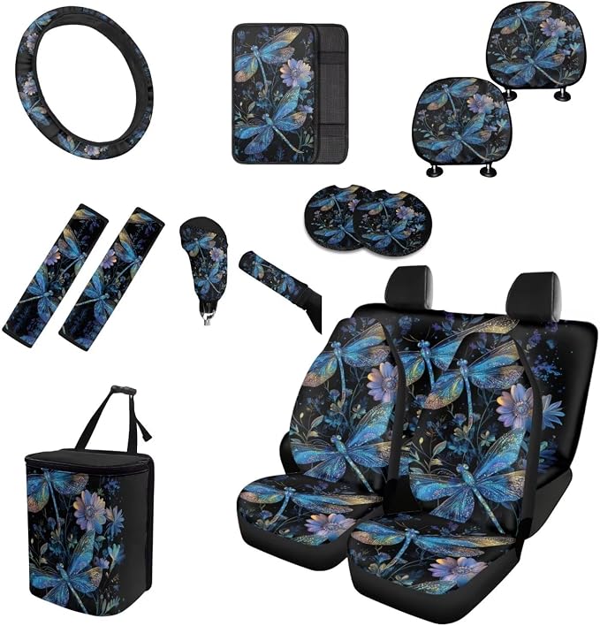 Blue Floral Dragonfly Car Seat Covers Full Set 15 Pcs Universal Seat Covers Front and Back with Steering Wheel Cover Seat Belt Pad Trash Can Car Headrest Pillow Covers Armrest Pad