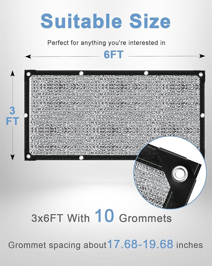 vensovo 85% Aluminum Shade Cloth - Reflective Aluminium Shade Netting Sun Shade Cover with Grommets for Cars, Dogs, Outdoor, RV, Patio (3x6FT)