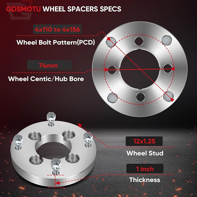 4Pcs GDSMOTU 4x110 to 4x156 Wheel Spacers for Suzuki for Eiger 400/King Quad 400/Eiger 400, for Honda Foreman Rubicon 500/Rancher 420, 1 inch Wheel Adapters & Spacers with 12x1.25 Studs 74 mm Bore
