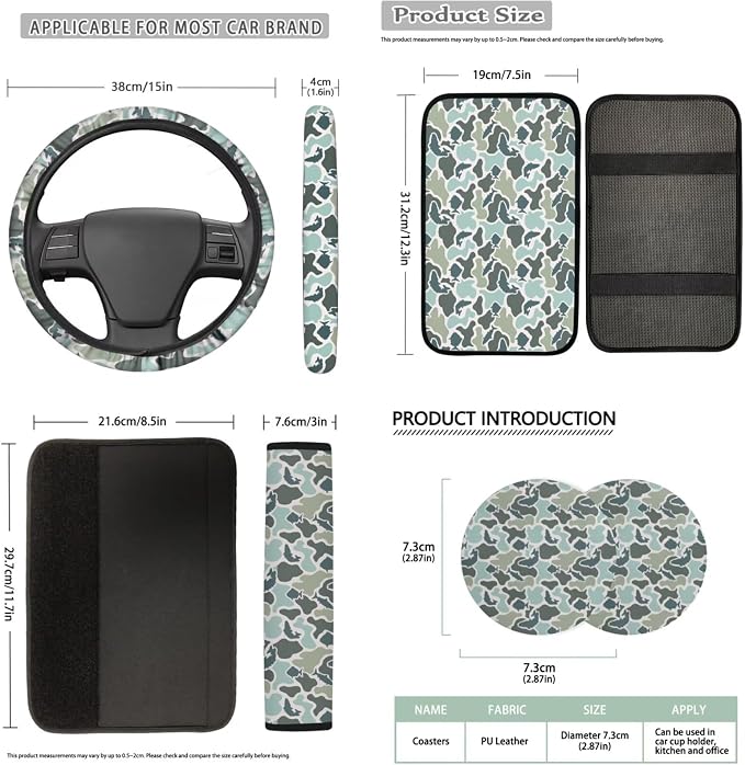 Bulopur Blue Fish Camo Auto Seat Covers with Car Steering Wheel Cover Car Armrest Cushion Pads Headrest Covers Vehicle Seat Belt Covers Automotive Accessories for SUV Truck Van
