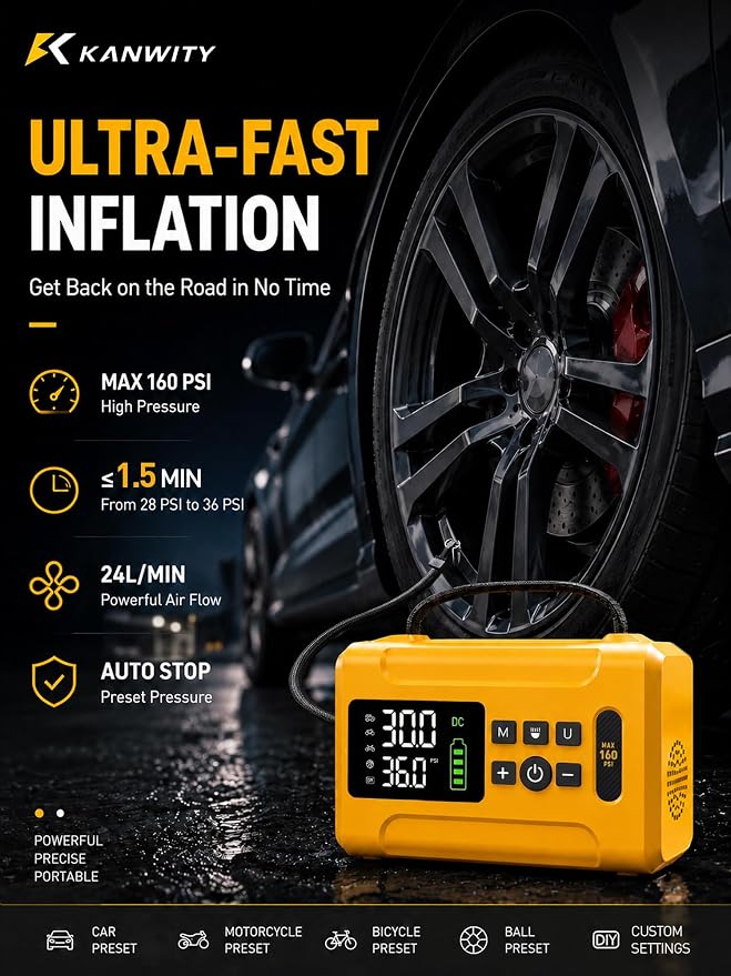Tire Inflator Portable Air Compressor 160 PSI Air Pump for Car Tires 6000 mAh & 12V DC Powered Fast 24L/min, Digital Tire Pressure Gauge, LED Lights, 5 Modes Auto Shut-off (Yellow, 6000 mAh)