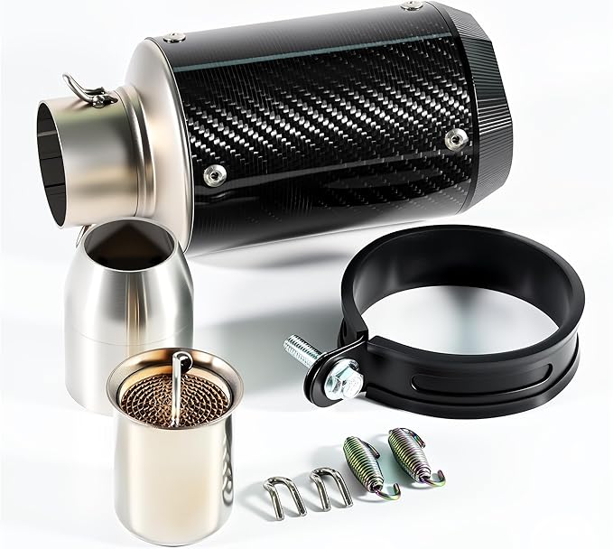 Motorcycle Exhaust, Slip-on Motorcycle Muffler, Carbon Fiber Slip on Exhaust Muffler, Fit for Z900 GSXR750 CBR650 and more, with Complete Accessories, Black