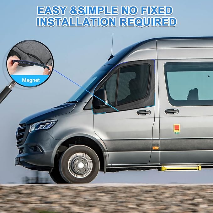 Magnetic Van Window Screens, 47 x 33 inches Front Door Bug Screens (Pair), Universal Size for Transit Van, Promaster, Sprinter and Other Vans & Cars, Keeps Bugs Out Magnetic Bug Mesh, Easy to Install