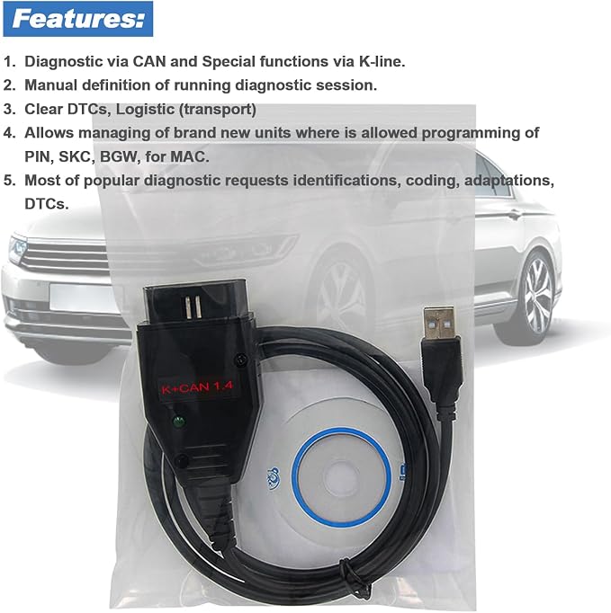 K CAN Commander V1.4 OBD2 to USB Cable,OBD Diagnostic Code Reader | Suitable for V-AG/Vvv/Audi/Skoda/SEAT/Nissan Vehicles,Fits k+can Commander 1.4 and V-WTOOL ECU Programming Software Scan Tool