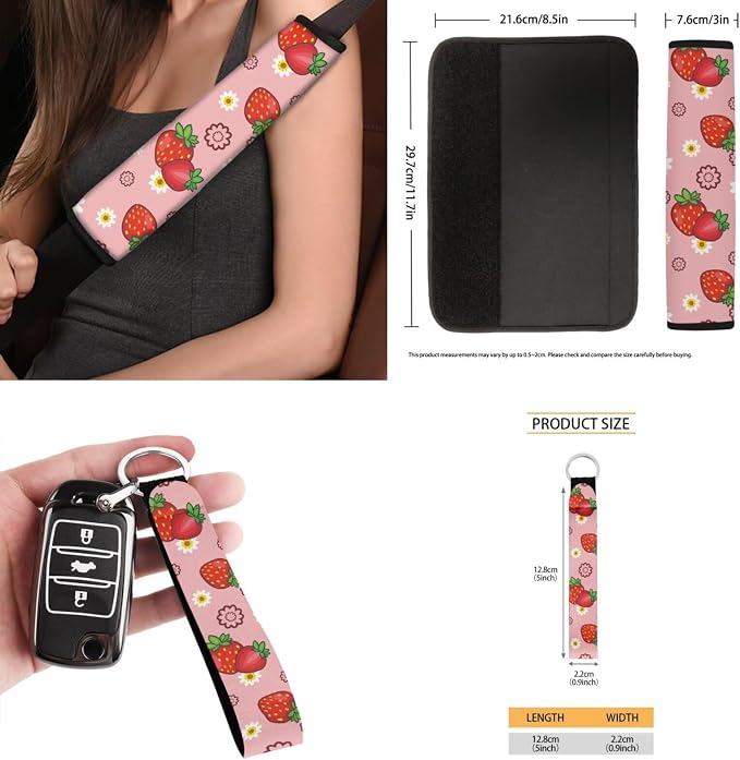 Strawberry Floral 15 PCS Car Seat Cover Set with Auto Steering Wheel Cover Seat Belt Strap Protector Cup Holder Trash Bag Rear View Mirror Protector Keychain