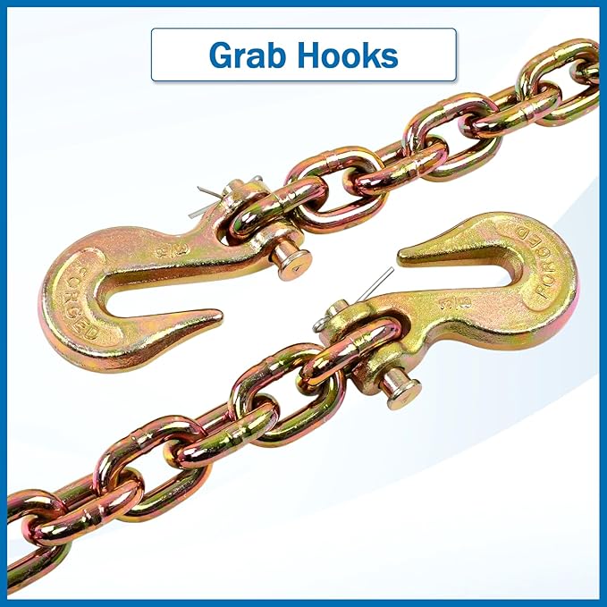 3/8 Inch x 10 Feet Transport Binder Chain G80 Safey Tow Chain with Grab Hooks 7100 Lbs Safe Work Load for Transporting Towing Tie Down Binding Equipment