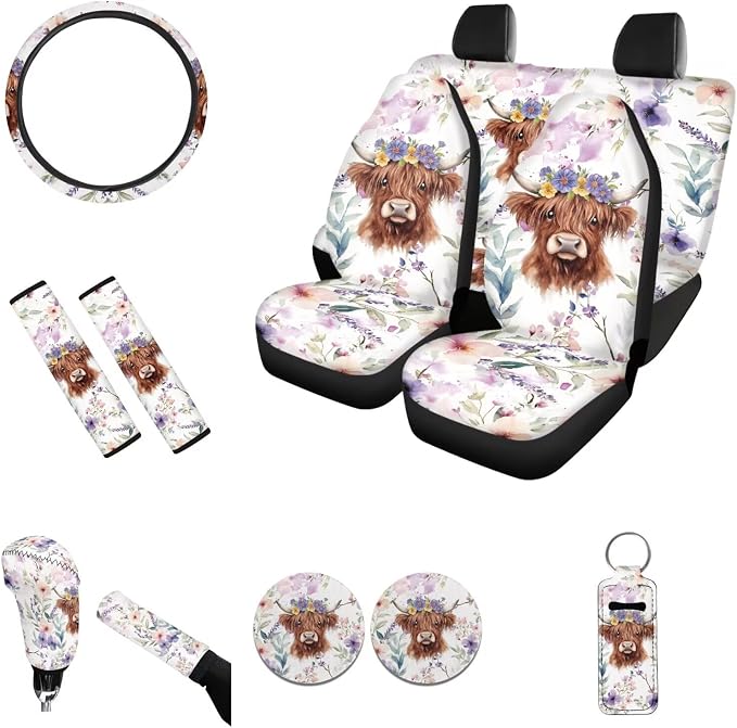 Highland Cow Car Seat Cover Full Set 15 inch Steering Wheel Cover Protector Cartoon Seats Resuable Coasters Car Accessories + Keychain + Gear Shift Cover for SUV Truck Vans