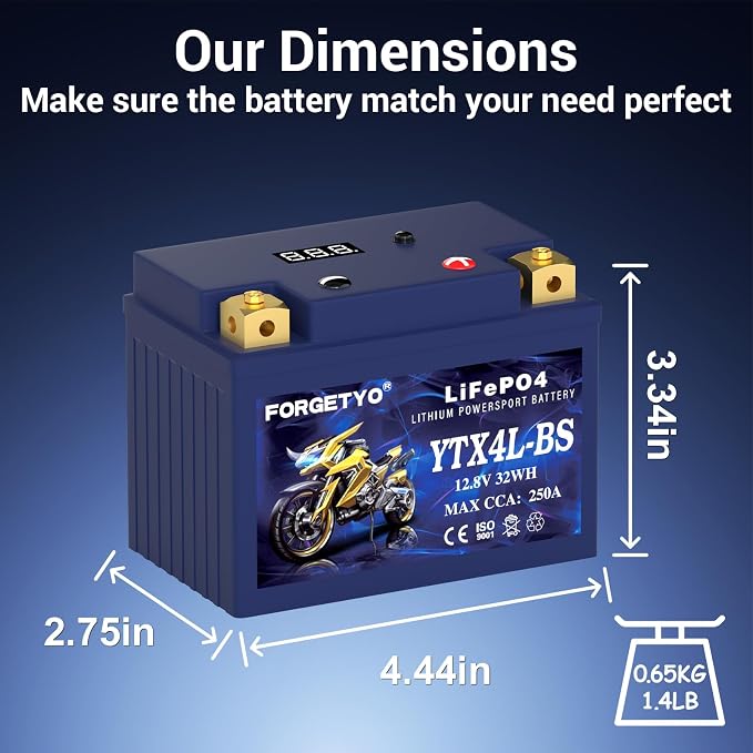 Lithium YTX4L-BS, Forgetyo 12V 2.5AH 250CCA LiFePO4 Motorcycle Battery, ATV, UTV, Jet Ski, 4 Wheeler,Snowmobile,Tractor and Generator Battery