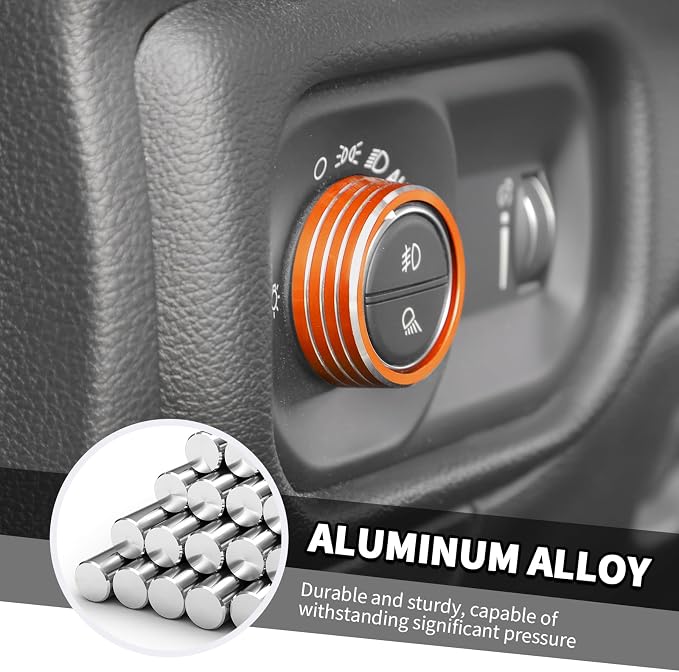 Jimen for Ram Center Console Knob Covers, 7PCS AC Air Conditioner Audio Volume Button & Headlight Switch & 4WD Shifter Knob Ring Trim Fit for Dodge Ram 2018-2025 (Orange)