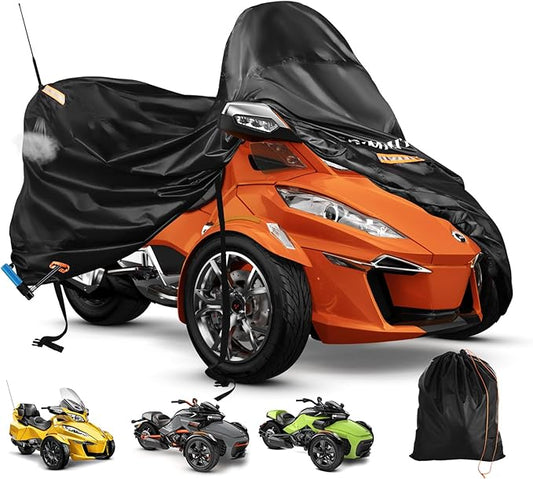 3-Wheel Motorcycle Cover Waterproof, Compatible with Spyders RT Limited F3 S,420D Heavy Duty Oxford Fabric,3 Reflective Strips,Three Wheel Motorcycle Cover Outdoor Protection