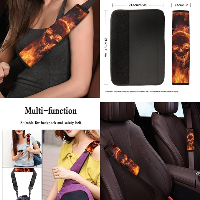 8 Pcs Flame Skull Print Car Interior Accessories, Car Seat Covers, Auto Steering Wheel Cover, Auto Center Console Pad, Seat Belt Pads, Universal Fit Cars SUVs Trucks