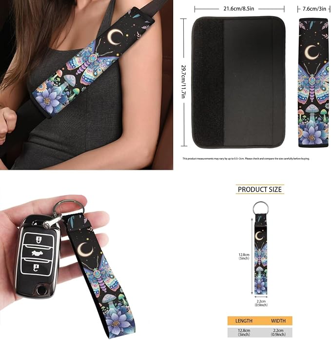 Moon Mushroom Butterfly Car Seat Covers Set of 15 with Universal Steering Wheel Cover, Rearview Mirror Cover, Car Trash Can, Seatbelt Pads, Cup Holder Coasters, Keychains