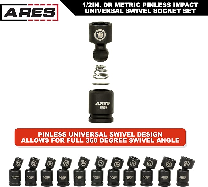 ARES 25125-11-Piece Metric Pinless Universal Swivel Impact Socket Set - 1/2-Inch Drive Swivel Impact Sockets Access Hard to Reach Fasteners – Pinless Design Allows for Smooth Full 360 Degree Action