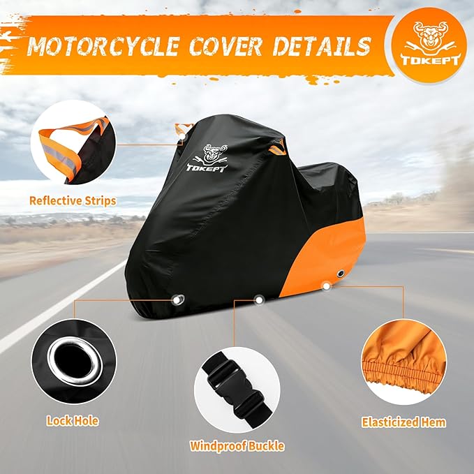 Motorcycle Cover Waterproof All Season Outdoor Protection, Fits up to 116 Inch, Compatible with Cruisers & Touring Models, with Locking Holes & Reflective Strips (Black&Orange)