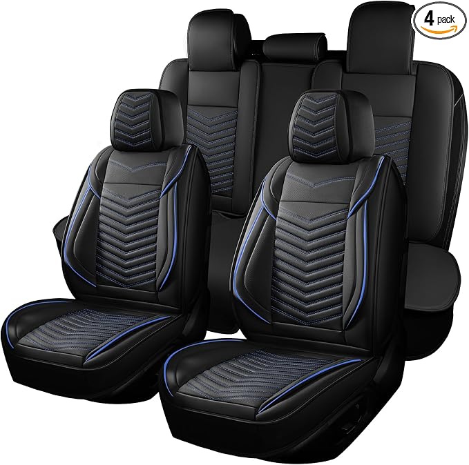 HChengkikz Car Seat Covers, Breathable and Waterproof Faux Leather Automotive Seat Covers, Universal Anti-Slip Driver Seat Cover for Cars SUV Pick-up Truck Sedan (5 PCS Full Set, Black + Blue)