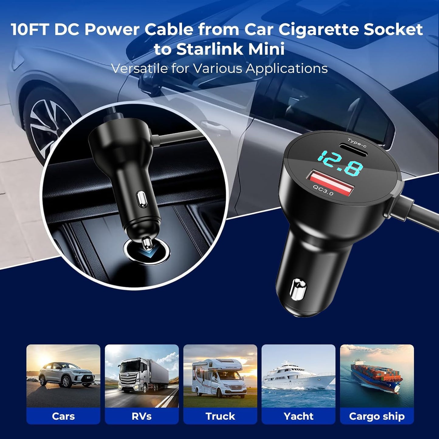 3 in 1 Starlink Mini Cable 10FT, Starlink Mini Car Charger DC Power Cable+Cigarette Lighter Adapter 12V-48V with Digital Display, Durable USB C PD 36W/USB A 18W Ports for Trucks and Cars
