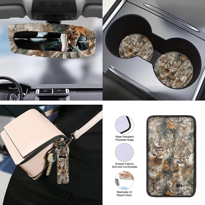 Deer Hunting Printed Car Seat Cover with Armrest Pad Cover Chapstick Keychain Coasters Car Coaster Non Slip Car Seat Cover Full Set Auto Accessories Set, Brown