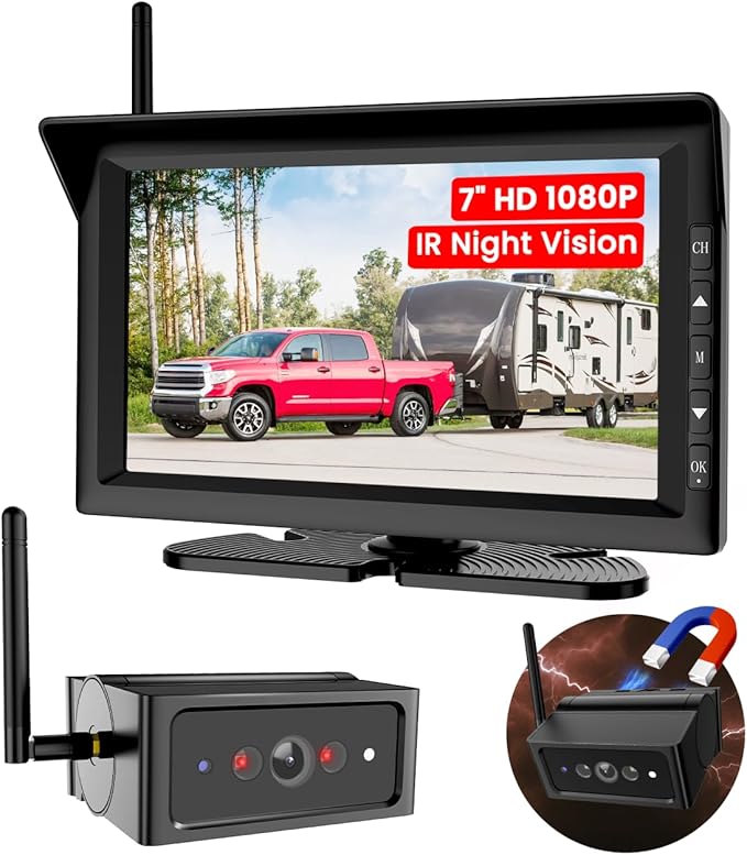 Foxpark Magnetic Wireless Backup Camera for RV Trailer: 1-Min Quick Install No-Drilling Back up Camera with 7" HD 1080P Monitor, 50FT Stable Signal Rear View Camera for Truck, Camper, SUV, Car