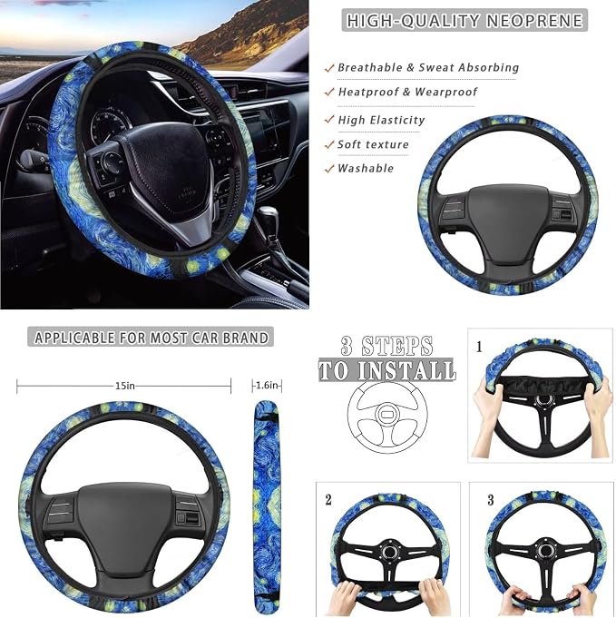 Suobstales Starry Night Print Car Seat Covers Full Set for Women Girly Seat Cover Protector Auto Decorative with Steering Wheel Cover +Seat Belt Covers +Coasters +Keychains