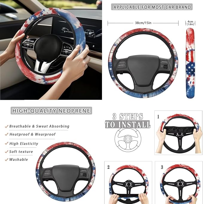 Tie Dye Heart Flag Auto Interior Accessories Car Seat Covers with Auto Steering Wheel Cover Seat Belt Covers Car Trash Can View Mirror Cover Coaster Keychains