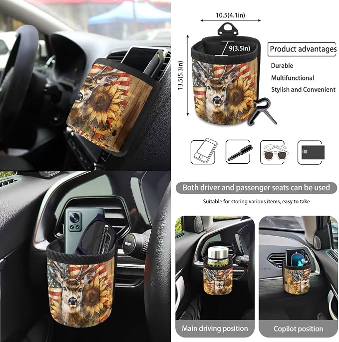 Deer Wood American Flag Print 15PCS Auto Interior Sets Sunflower Butterfly Car Front Rear Seat Covers Steering Wheel Cover Seat Belt Cover Keychain Trash Can Air Vent Storage Bag Mirror Cover