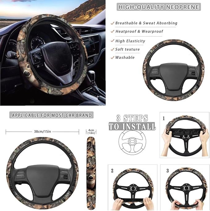 Xoenoiee Hunting Elk Forest Camo Print 11 Pcs Car Accessories Seat Cover Full Set, Steering Wheel Cover, Front & Rear Seat Cover, Seat Belt Pads, Cup Coaster, Key Chains - Universal Fit