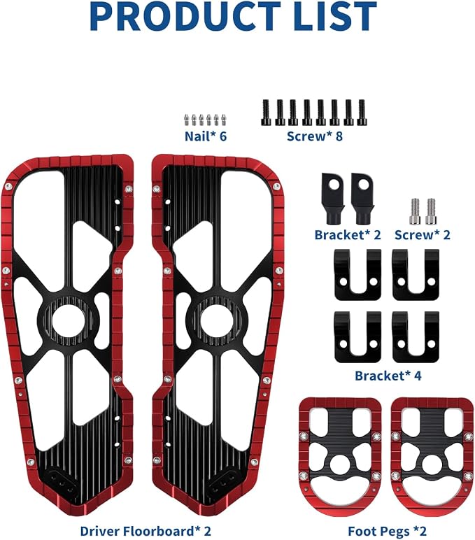 Motorcycle Floorboards Set Driver Front Footboards and Rear Passenger Foot Pegs Kit Offroad MX Style Fit for Harley Touring Road King Road Glide Electra Glide Street Glide (Red Edge)