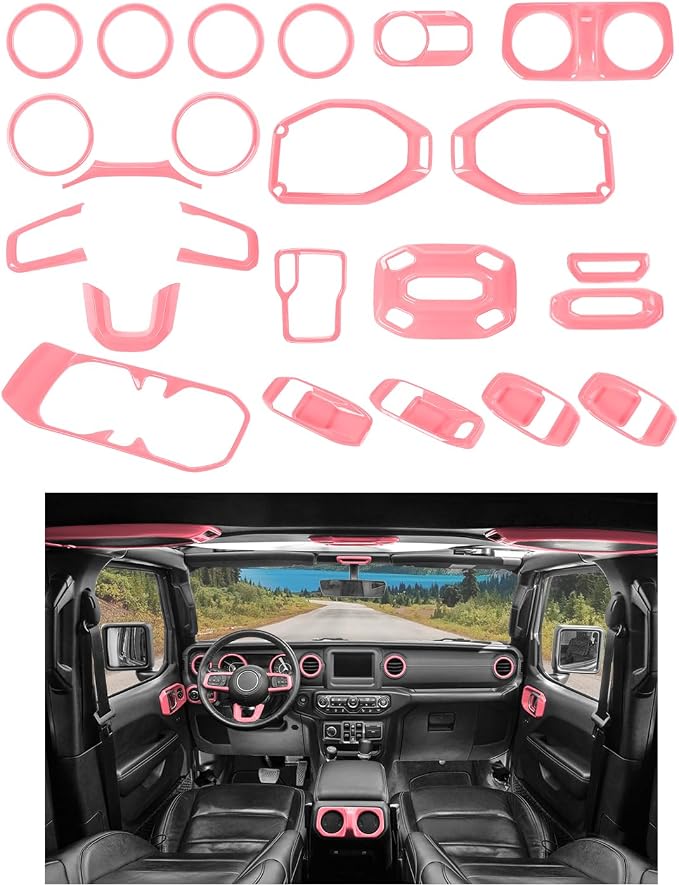 23pcs Full Set Interior Trim Kit for Jeep Wrangler JL JLU Gladiator JT 2018-2023 Steering Wheel Door Handle Air Conditioning Vent Cup Holder Reading Light Headlight Gear Cover, Pink