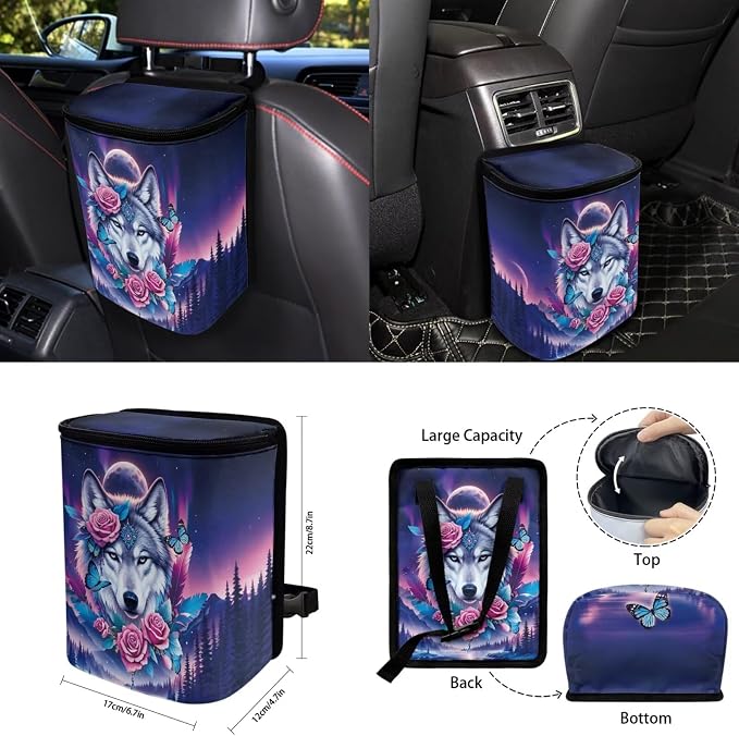 Galaxy Auto Interior Accessories Rose Wolf Car Seat Covers with Auto Steering Wheel Cover Seat Belt Covers Car Trash Can View Mirror Cover Coaster Keychains