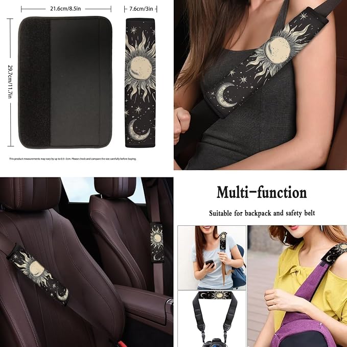 POLERO Sun Moon Star Seat Covers for Cars Vintage Interior Accessories Set 11Pcs Auto Steering Wheel Cover Seat Belt Pads Drink Coasters Cute Keychains