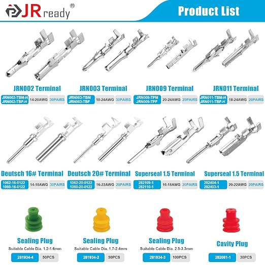 JRready ST6529 610Pcs Pin Connectors Kit Deutsch 16# 20# Molex .093” .062” Mini-fit Jr. Micro-fit Superseal 1.5 Terminal Connector Pins Car Electrical Automotive Pin Socket Wire Terminals