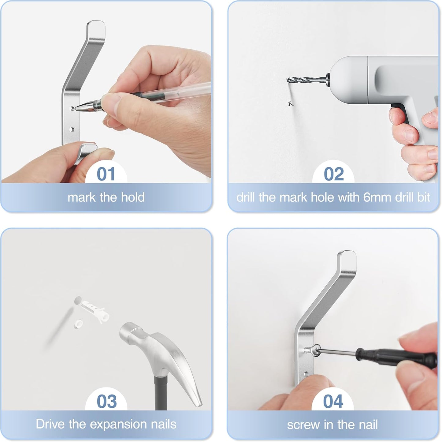 10-Pack Coat Hook for Hanging, 20LB (Max), Stainless Wall Hooks for Towel, Hat, Backpack, Key, Clothes, Wall Mounted Coat Hanger for Closet, Metal, Silver 3.75“