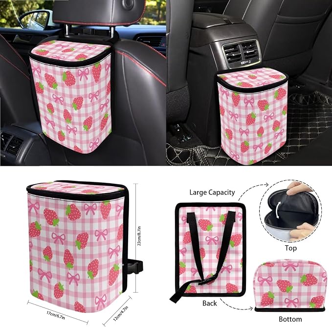 Strawberry Bowknot Print 18Pcs Automotive Seat Covers & Accessories Full Set High Back Bucket Seat Covers for Car Front and Back Seats with Steering Wheel Cover Safety Belt Pads etc