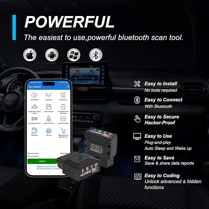 VGATE vLinker MC+ OBDII Bluetooth Adapter Car Wireless OBD2 Scanner All Systems Diagnostic Scan Tool and Code Reader Clear Faults Hacker-Proof for iOS, Android &Windowns