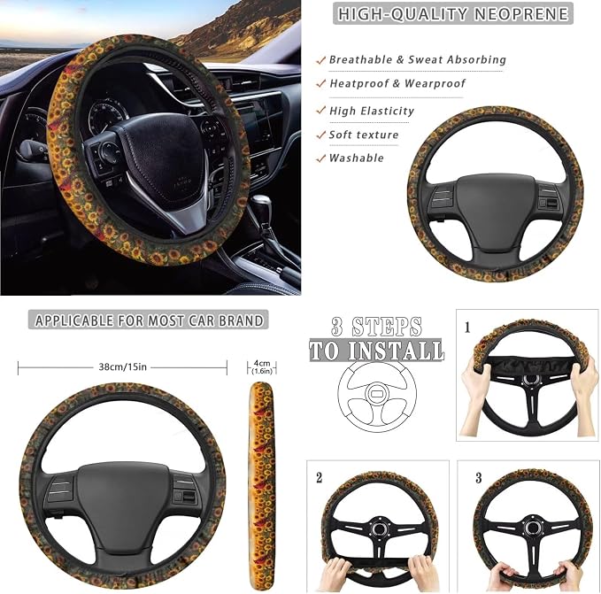 Cardinal Sunflower Pattern Auto Seat Covers Full Set, Car Interior Decor Set of 10 Steering Wheel Cover Cup Coasters Car Trash Can Air Vent Pounch Bag Keychain Universal Fit Most Cars