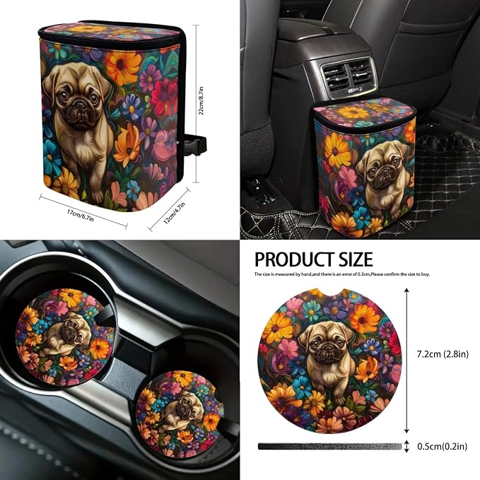 Suobstales Pug Dog Daisy Print Car Accessories Auto Seat Covers Full Set of 13 with Steering Wheel Cover, Seat Belt Pads, Trash Can, Coaster, Rearview Mirror Cover, Keychains for SUV Van