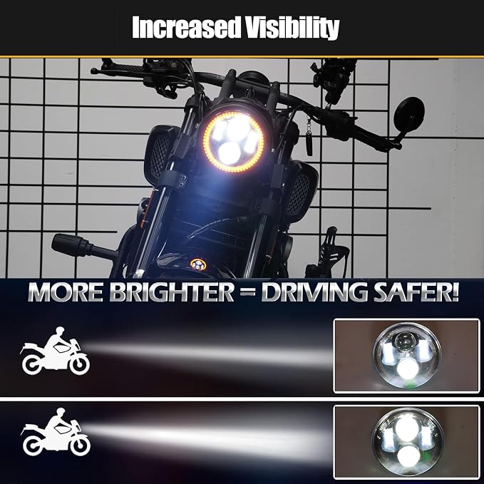 5.75inch 5-3/4 Black Motorcycle Headlight Smoked Amber Halo DRL with Matte Black Housing Bucket 32-40mm Fork Tube Side Mount Brackets Compatible with Motorbikes