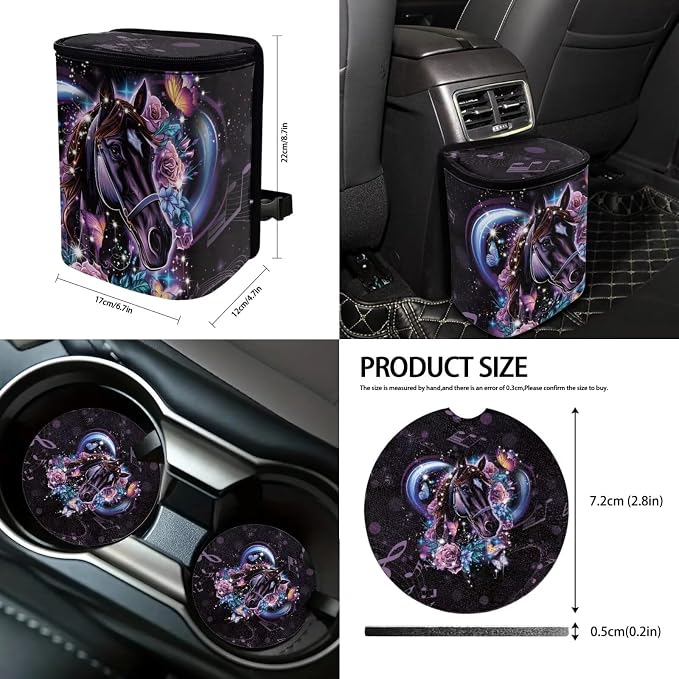 Suobstales Horse Flower Print 13 Pieces Car Accessories Auto Seat Covers Set with Steering Wheel Cover, Seatbelt Pads, Coasters, Keychains, Car Trash Bin, Rearview Mirror Cover for SUV Van