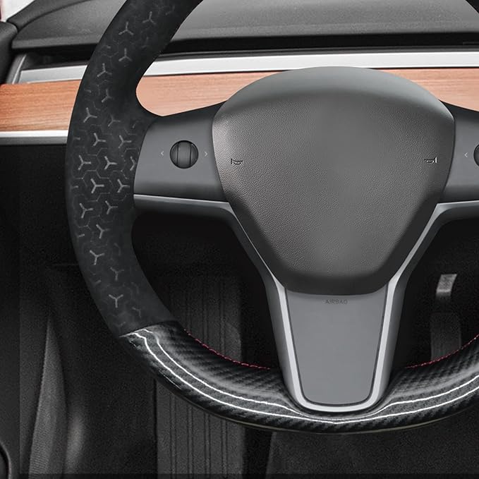 MEWANT DIY Geom Embossed Athsuede Shiny PU Carbon Fiber Steering Wheel Cover for Tesla Model Y 2023 Model 3 2017-2023