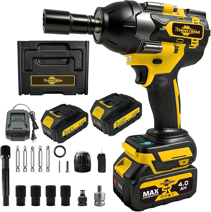 Rhovixster 1/2 Impact Gun Cordless - Impact Wrench Set, 1/2 Torque Impact, Brushless Motor High Torque Impact Guns with 2pcs 4Ah Battery & 1pcs Charger, 850N.M Torque