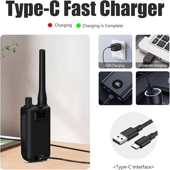 BAOFENG UV-5R Mini Two Way Radio BF-5R Mini Walkie Talkie Wireless Power Adjustable Tiny Size Frequency Copy 999 Channels Type-C Four Colors Portable Ham with 771 Antenna and Headset（2 Pack） (Black)