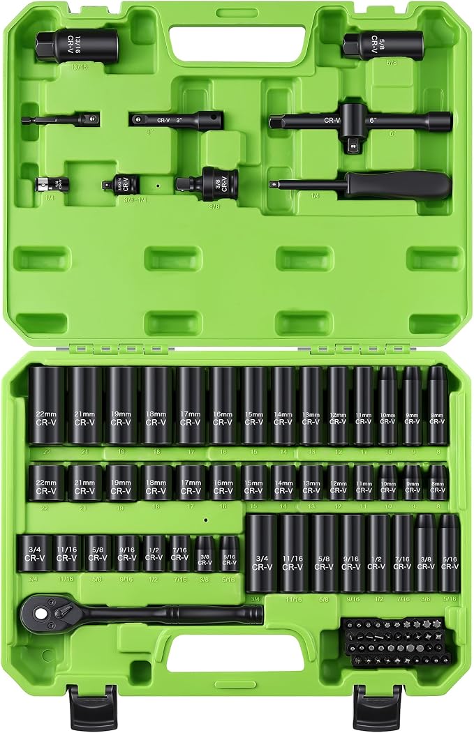 Reniteco 95-Piece 3/8" Socket Set, SAE (5/16"-3/4") & Metric (8mm-22mm), Ratchet Handle, Extension Bar, Adapter, Universal Joint, Power Drill Adapter, Screwdriver Bit, Spark Plug Socket