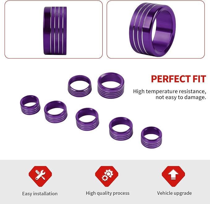 Jimen for Ram Center Console Knob Covers, 7PCS AC Air Conditioner Audio Volume Button & Headlight Switch & 4WD Shifter Knob Ring Trim Fit for Dodge Ram 2018-2025 (Purple)