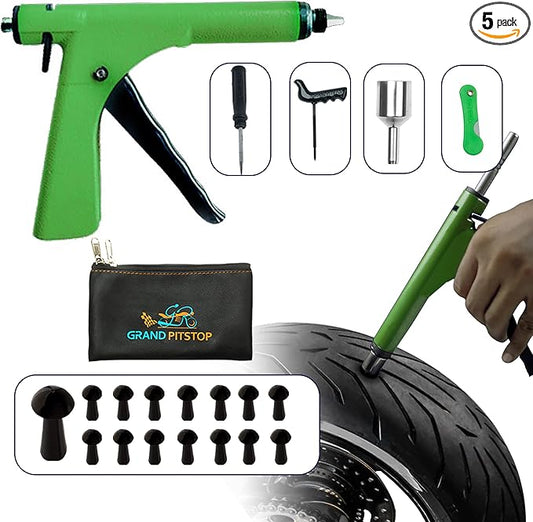 GRAND PITSTOP Tubeless Tire Gun Puncture Repair Kit with Mushroom Plug for Tyre Punctures and Flats on Cars, Motorcycles, ATV, Trucks & Tractors (Gun Puncture kit 15 Plugs, Green)
