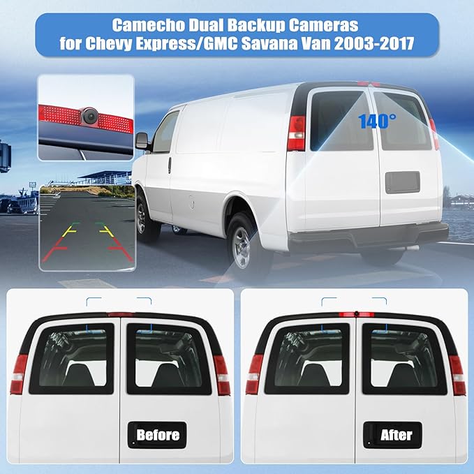 Camecho Top Rear Backup Camera Rear View Compatible for Chevy Express Van/GMC Savana Van 2003-2017 Van Truck AHD IR Night Vision Waterproof Roof Mount Reversing Brake Light Parking Assist Replaces
