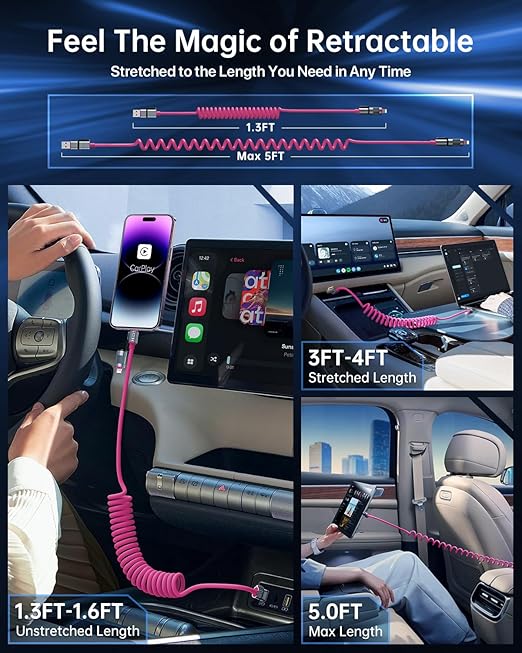 4-in-1 Coiled USB C Cable for Car 5FT [240W Fast Charging] Compatible with Lightning Cable [CarPlay & Android Auto] Multi Charger Cord Combo with L/Type C/USB A Ports for iPhone/iPad (Pink)
