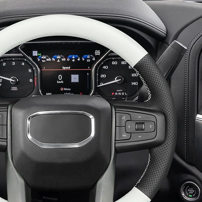 MEWANT Hand Stitch Real Leather Steering Wheel Protector Wrap Cover for GMC Sierra 1500 2019-2023/Sierra 1500 Limited 2022/Sierra 2500 2020-2024/Sierra 3500 2020-2024/Yukon 2021-2023